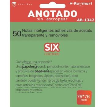 Bloc de Notas Adhesivas Transparentes Removibles Acetato Verde 76x76 mm Paquete de 50 Unidades