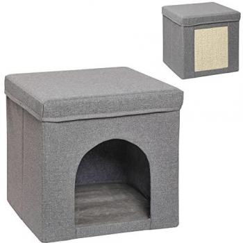 Casa para Gatos PawHut Gris con Tablero de Rascar y Puerta, 36.5x36.5x36.5 cm