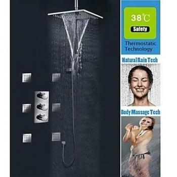 Thermostatic Rain And Waterfall Shower Faucet, 10 Inch Chrome Square Bath Shower Head And Massage Spray Jets