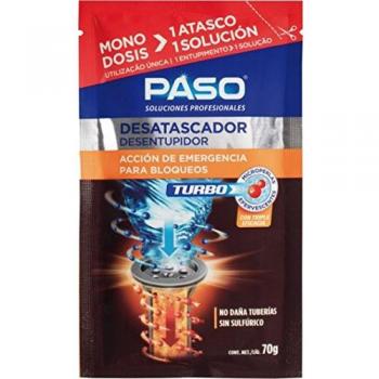 Paso - Desatascador Turbo Tuberías Químico - Microperlas, Monodosis 70gr - Todo tipo de problemas de tuberías y desagües