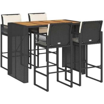 5-Piece Black Poly Rattan Garden Bar Set with Cushions and Acacia Wood
