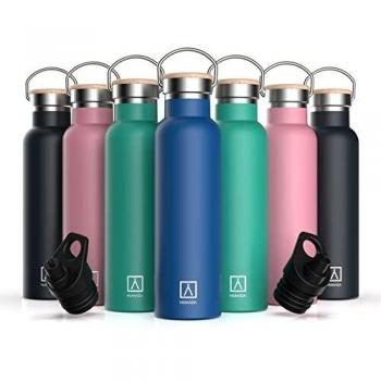 NUMADA-Botella Térmica Acero INOX 600ml Azul Estanca con Doble Pared al Vacío y Recubrimiento Cerámico. Mantiene Frío 24H y Calor 12H|Boca Ancha|Libre BPA|Incluye 2 Tapones