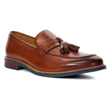 Dune London Men's Simley Brown Leather Tassel Loafers with Contrast Sole - Size 9