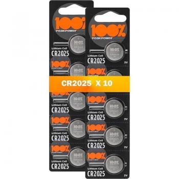 Peakpower CR2025 3V - Pack de 10 Pilas de Litio Botón Sin Mercurio