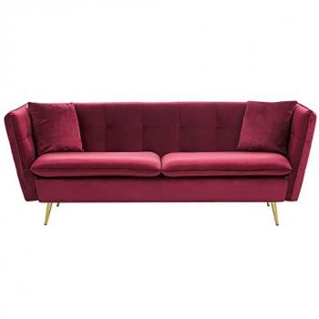 Sofá 3 Plazas de Terciopelo Rojo Oscuro Acolchado con Botones y Piernas Doradas Frederica