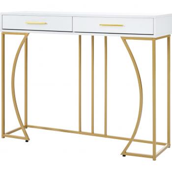 Mesa consola blanca con estructura dorada y 2 cajones Urban Meuble