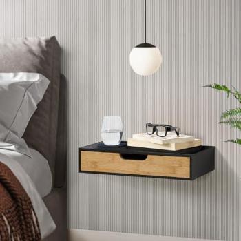 Estante de Pared Bokn con Cajón Integrado hasta 5 kg, Bambú, 40 x 24 x 8 cm - Negro y Natural