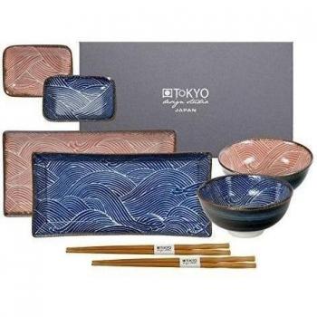 Tokyo Design Studio seigaiha Red & Blue Sushi Juego completo - 8 piezas - para 2 personas - 2 Plato para sushi, incluye 2 Dip cuencos, 2 Cuencos de porcelana 2 pares.Palillos de bambú - para microondas y lavavajillas - En Caja De Regalo