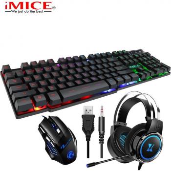 Conjunto 3 en 1 Teclado Suspenso USB de 104 Teclas, Ratón con 2400 DPI y Auriculares con Micrófono