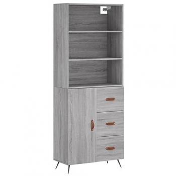 Aparador alto de madera contrachapada gris sonoma 69,5x34x180 cm con 1 puerta y 3 cajones, mueble de almacenaje para salón