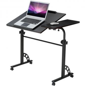 LANGRIA Mesa Portátil Ordenador Ajustable con Ruedas Soporte Lateral de Inclinación de ExtraLarge para la Estación de Trabajo Derecha para la Oficina Casera de la cama de sofá, Nogal Negro