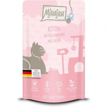MjAMjAM Quetschie Kitten 12 x 125 g - Jugoso pollo con aceite de salmón