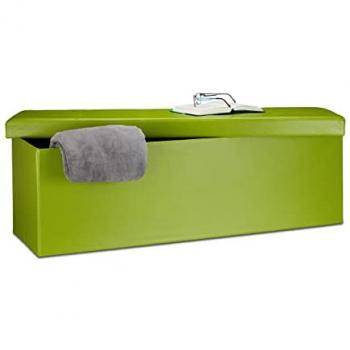 Banco Plegable XL con Baúl de Almacenaje, Asiento Cómodo en Cuero Sintético y MDF, 38 x 114 x 38 cm, Verde - Relaxdays