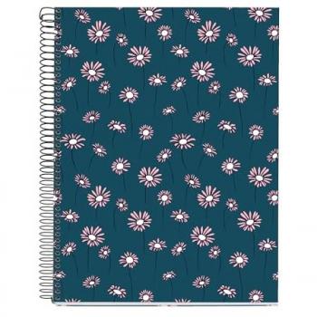 Cuaderno A4 120 Hojas Cuadrícula 5mm Azul Margaritas Espiral Negra