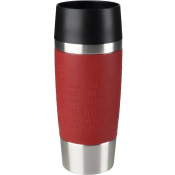 Emsa Travel Mug - Taza térmica de 0.36 l, mantiene calor 4 h y frío 8 h, acero inoxidable con base antideslizante y zona de agarre de silicona con letras grabadas, color rojo