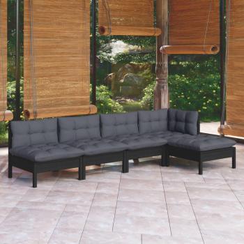 Sofá de jardín 5 piezas con cojines negros de madera de pino