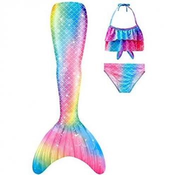 DNFUN 3pcs Traje de Baño de Cuello Hálter con Cola de Sirena Bikini Set para Niña,M1,130