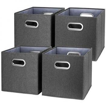 TYEERS Cajas de Almacenaje de Tela Plegables, Cubos de Almacenaje sin Tapa con Ojales - Juego de 4 - Oliva Negro