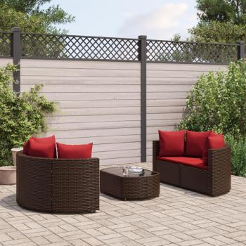 5-Piece Brown Poly Rattan Garden Sofa Set with Cushions