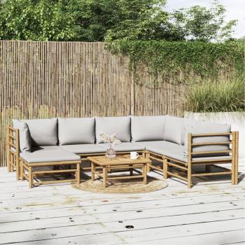 8-Piece Bamboo Garden Lounge Set with Light Gray Cushions