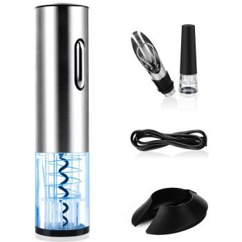 Sacacorchos Electrico, LEMEGO Abrelatas Electrico Profesional, Abridor Botellas de Vino con Cortador de Papel, Vertedor, Tapón de Vino Silicona de Vacío y Cable de Datos