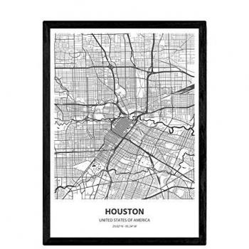 Póster Mapa de Houston, EE. UU. - Lámina en color negro con mares y ríos, tamaño A4 (sin marco)