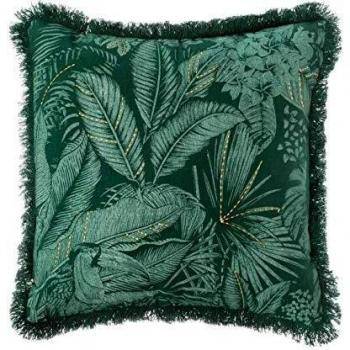 Funda de cojín bordada reversible Jungla verde con flecos 40 x 40 cm