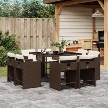 Juego de comedor de jardín 9 piezas con cojines de Polyrattan marrón