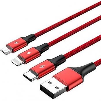 Cable USB UNITEK C4049RD de 1,2 metros en color Rojo con conectores USB A, USB C/Micro-USB B y Lightning