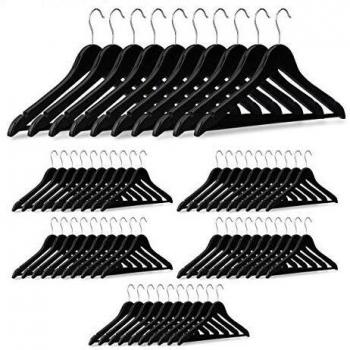 Pack de 60 Perchas de Madera para Ropa con Gancho Giratorio 360°, Negro, 44,5 cm