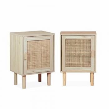Set de 2 Mesillas de Noche de Caña y Madera Camargue, Natural, 40x30x58 cm, 2 Niveles, 1 Puerta, Patas Rectas