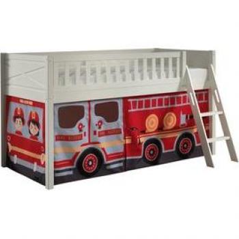 Cama Alta Infantil VIPACK Scott 90x200 cm con Somier, Escalera Inclinada y Textil Rescate de Bomberos, Color Blanco