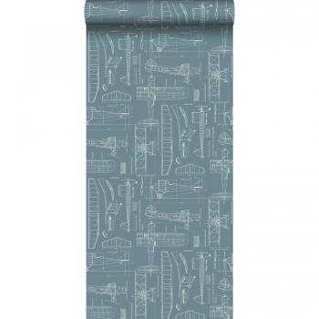 Papel pintado vintage azul oscuro de planos de construcción de aviones - 53 cm x 10.05 m - Estahome