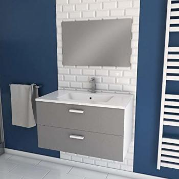 Mueble de baño suspendido gris 80 cm con cajones, lavabo y espejo - AURLANE