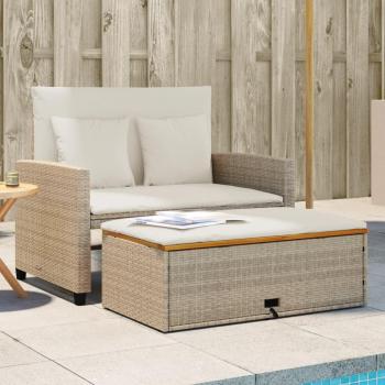 Beige 2-Seater Garden Sofa with Cushions in Poly Rattan and Acacia Wood