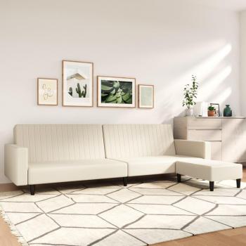 Sofá cama 2 plazas con reposapiés y taburete para pies en piel sintética color crema