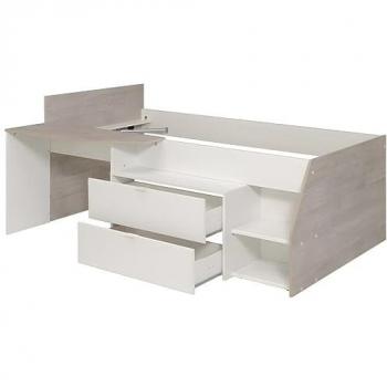 Cama GISELE con escritorio y compartimentos - 90 x 190/200 cm - Blanco y natural + colchón + somier
