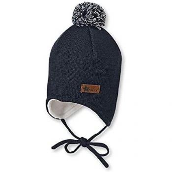 Gorro de punto azul marino para niños con forro de algodón, ideal para invierno, con pompom y cintas de sujeción