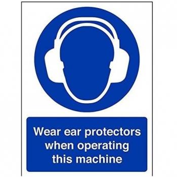 vsafety 41019 an-s desgaste protectores de oído cuando funcionamiento esta máquina obligatorio EPI señal, autoadhesivos, vertical, 150 mm x 200 mm), color azul