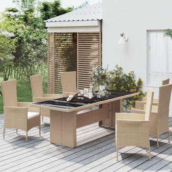 Mesa de jardín de polyrattan beige con superficie de vidrio templado