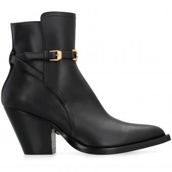 Versace Women's Leather Ankle Boots, Black, Size 38 (US 8), Style: Cowboy Boots, Cuban Heel