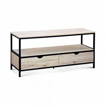 Mueble TV efecto madera y metal 120x39x57cm con 2 cajones, color negro, estilo Loft