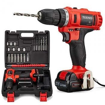 TEENO Taladro Atornillador 21V,1500mAh baterías, Taladro sin cable con luces led,Destornillador Eléctrico avanzado, 21 accesorios