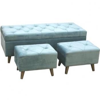 Juego de 3 baúles de almacenamiento y 2 puff en terciopelo azul agua - Medidas: 121x45x49 cm - Material: Poliéster