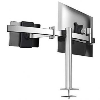 Soporte de Monitor Durable con Brazo para 1 Pantalla y 1 Tableta, Paso de Escritorio, Ajustable en Altura y Ángulo, Color Plateado