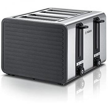 Bosch TAT7S45 - Tostadora de 4 ranuras con función de descongelamiento y tostado, perfecta para 4 rebanadas de pan, diseño ancho, con función de elevación, 1800 W, acero inoxidable/negro