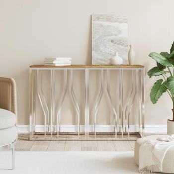 Mesa Consola de Acero Inoxidable y Madera Maciza de Acacia - Plateada, Dorada y Marrón Claro - Ideal para Salón, Entrada o como Mesa Auxiliar