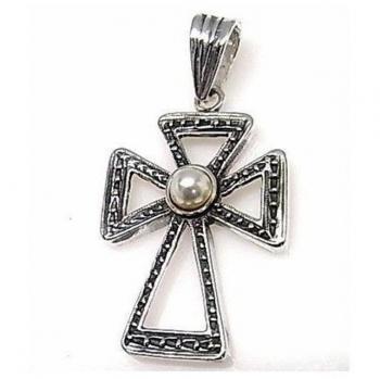 Medalla Virgen del Carmen Oro 18k Unisex 16 mm Pandereta Calada, Cruz Colgante Plata Ley 925m Calada 25 mm con Perla Centro Color Oxidada