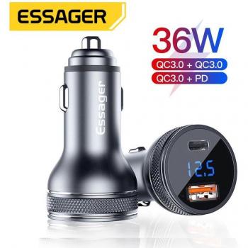 Cargador de coche Mini USB Essager Carga Rápida 3.0 para iPhone 14/13 y Xiaomi, Tipo C + USB, Gris