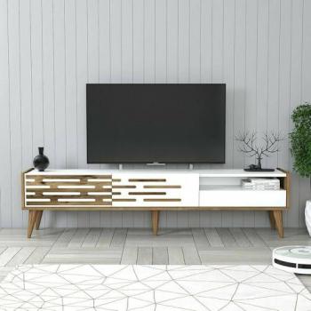 Mueble de Televisión Alnilam, Aparador Bajo para TV, Base de Pared Equipado, 180x45x35 cm, Blanco y Nogal